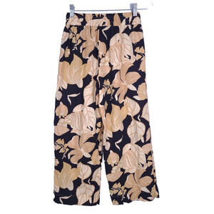 Rachel Zoe Black Gold Floral Wide Leg Linen Rayon Pull On Elastic Waist Pants XS